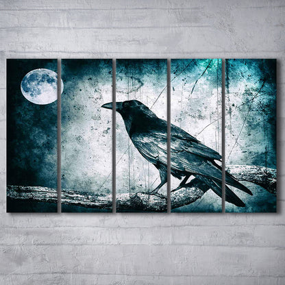Black Raven and Full Moon Gothic Art Canvas Print,Dark Wall Decor, 5 Piece B Extra Large Cavas Print Wall Art Decor