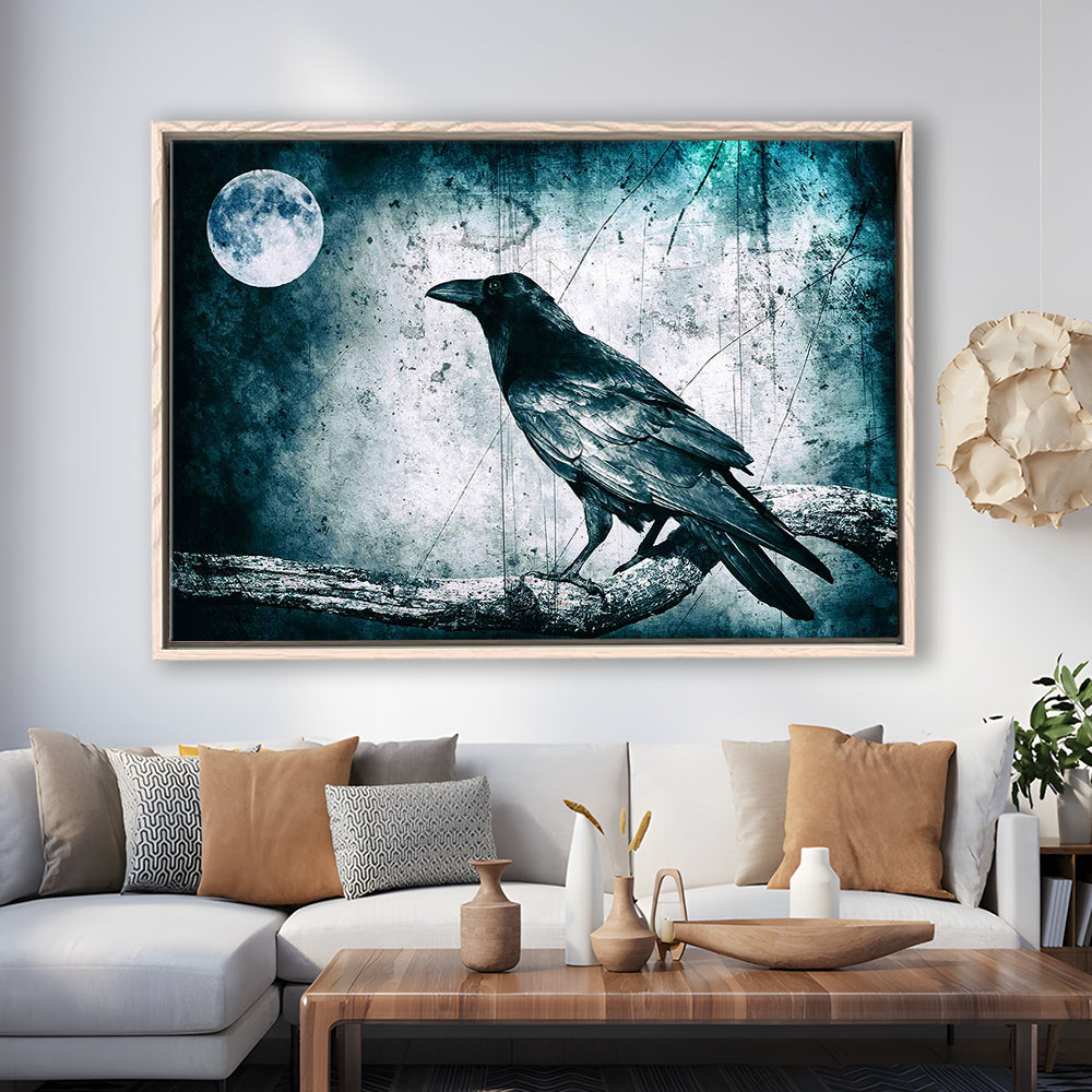 Black Raven And Full Moon Gothic Art Canvas Print,Dark Wall Decor, Framed Cavas Print, Floating Frame