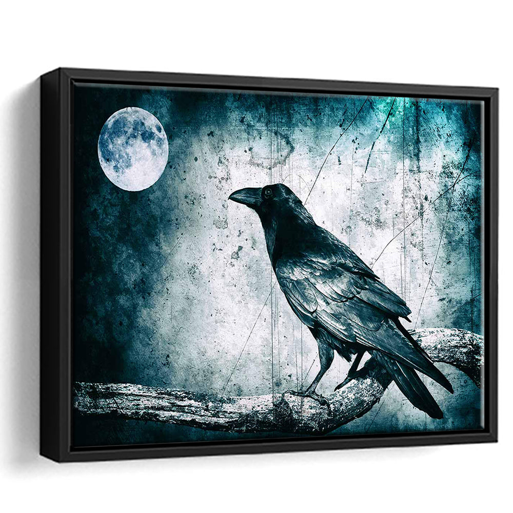 Black Raven And Full Moon Gothic Art Canvas Print,Dark Wall Decor, Framed Cavas Print, Floating Frame