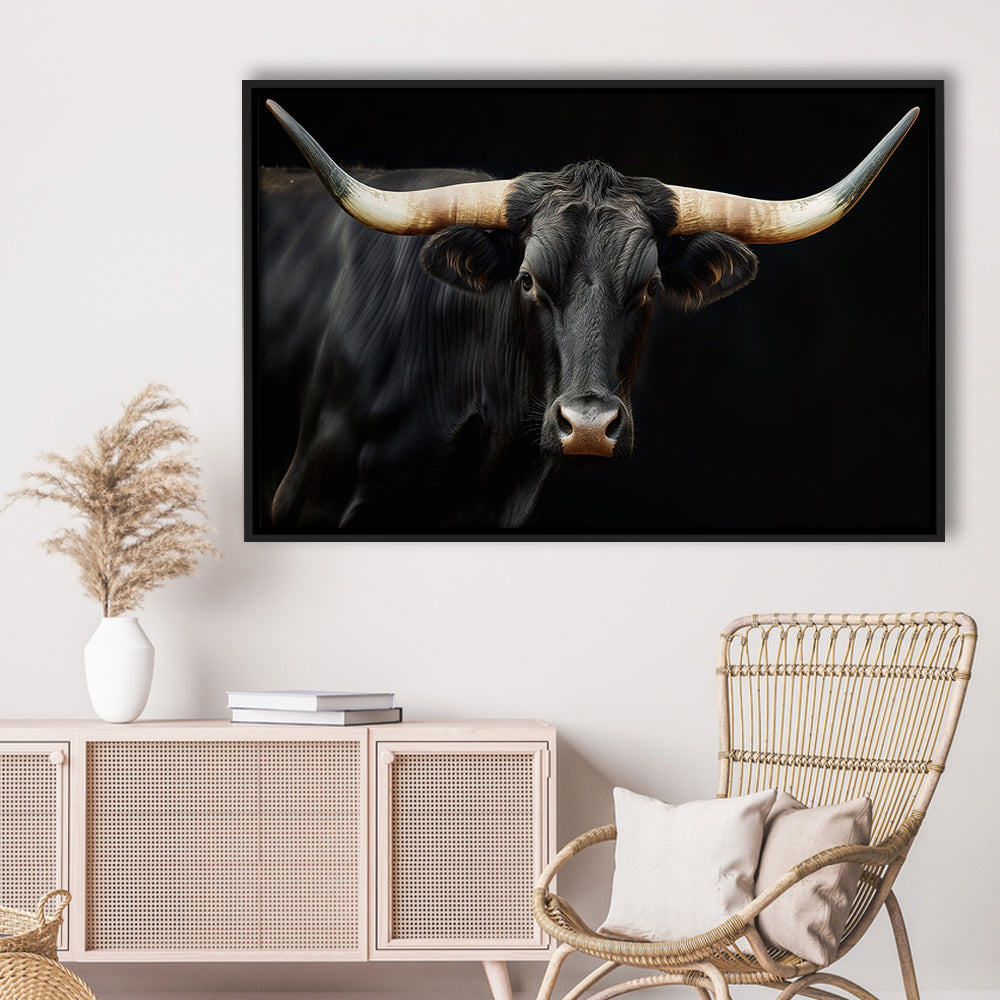 Black Texas Longhorn Cow Extra Large, Farmhouse, Living Room Art, Framed Canvas Print Wall Art, Floating Frame