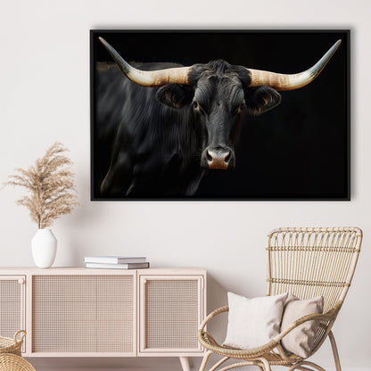 Black Texas Longhorn Cow Extra Large, Farmhouse, Living Room Art, Framed Canvas Print Wall Art, Floating Frame