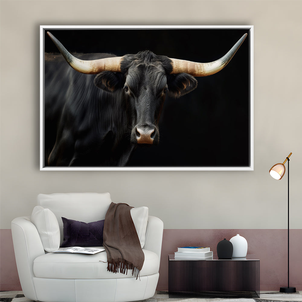 Black Texas Longhorn Cow Extra Large, Farmhouse, Living Room Art, Framed Canvas Print Wall Art, Floating Frame