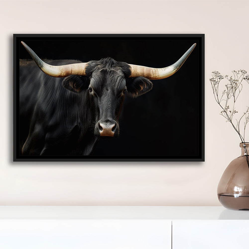 Black Texas Longhorn Cow Extra Large, Farmhouse, Living Room Art, Framed Canvas Print Wall Art, Floating Frame