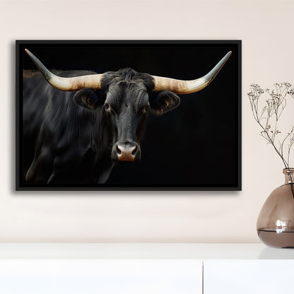 Black Texas Longhorn Cow Extra Large, Farmhouse, Living Room Art, Framed Canvas Print Wall Art, Floating Frame