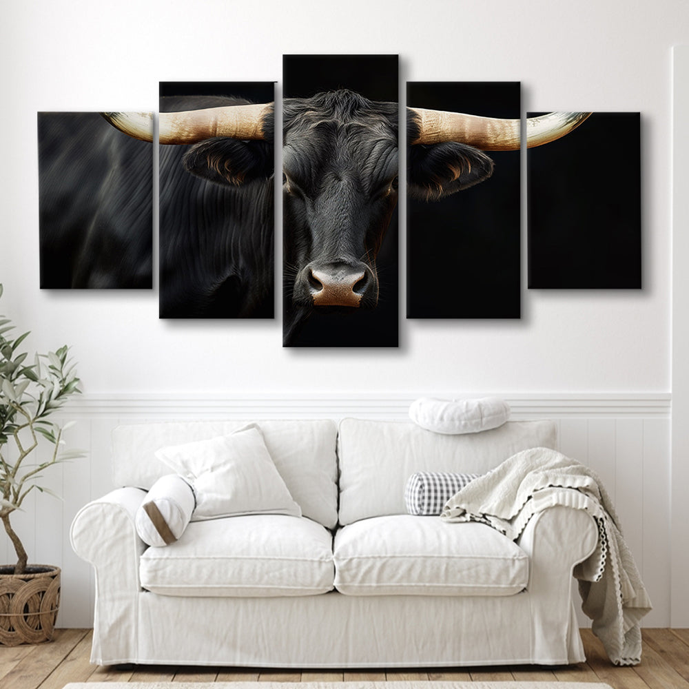 Black Texas Longhorn Cow Extra Large, Farmhouse, Living Room Art, 5 Panel Mixed Canvas Print Wall Art, Large Canvas