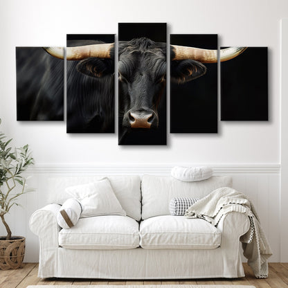 Black Texas Longhorn Cow Extra Large, Farmhouse, Living Room Art, 5 Panel Mixed Canvas Print Wall Art, Large Canvas