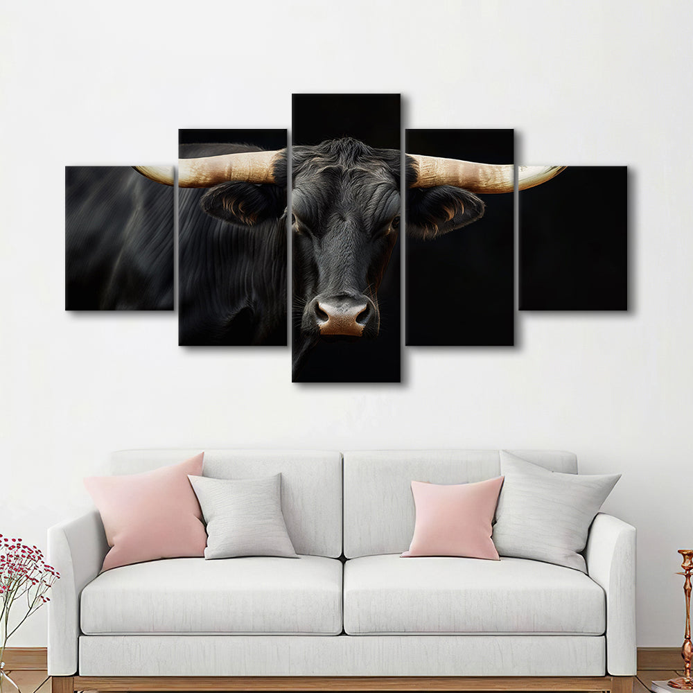 Black Texas Longhorn Cow Extra Large, Farmhouse, Living Room Art, 5 Panel Mixed Canvas Print Wall Art, Large Canvas