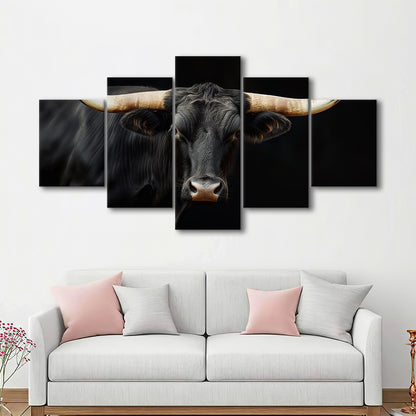 Black Texas Longhorn Cow Extra Large, Farmhouse, Living Room Art, 5 Panel Mixed Canvas Print Wall Art, Large Canvas