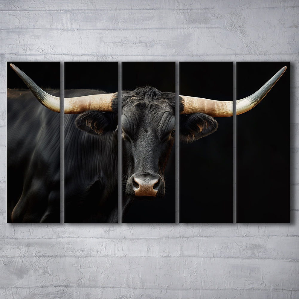 Black Texas Longhorn Cow Extra Large, Farmhouse, Living Room Art, 5 Panel B Canvas Print Wall Art, Extra Large Canvas