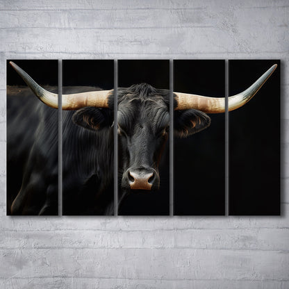 Black Texas Longhorn Cow Extra Large, Farmhouse, Living Room Art, 5 Panel B Canvas Print Wall Art, Extra Large Canvas