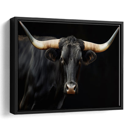 Black Texas Longhorn Cow Extra Large, Farmhouse, Living Room Art, Framed Canvas Print Wall Art, Floating Frame