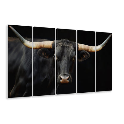 Black Texas Longhorn Cow Extra Large, Farmhouse, Living Room Art, 5 Panel B Canvas Print Wall Art, Extra Large Canvas