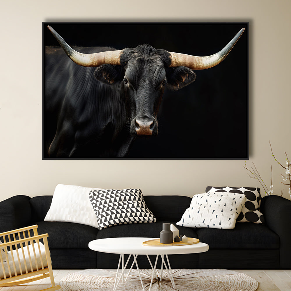 Black Texas Longhorn Cow Extra Large, Farmhouse, Living Room Art, Framed Canvas Print Wall Art, Floating Frame