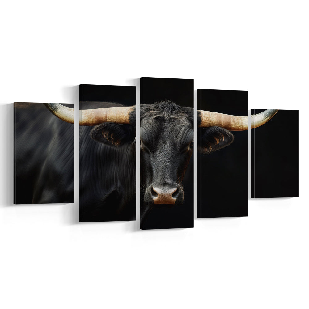 Black Texas Longhorn Cow Extra Large, Farmhouse, Living Room Art, 5 Panel Mixed Canvas Print Wall Art, Large Canvas