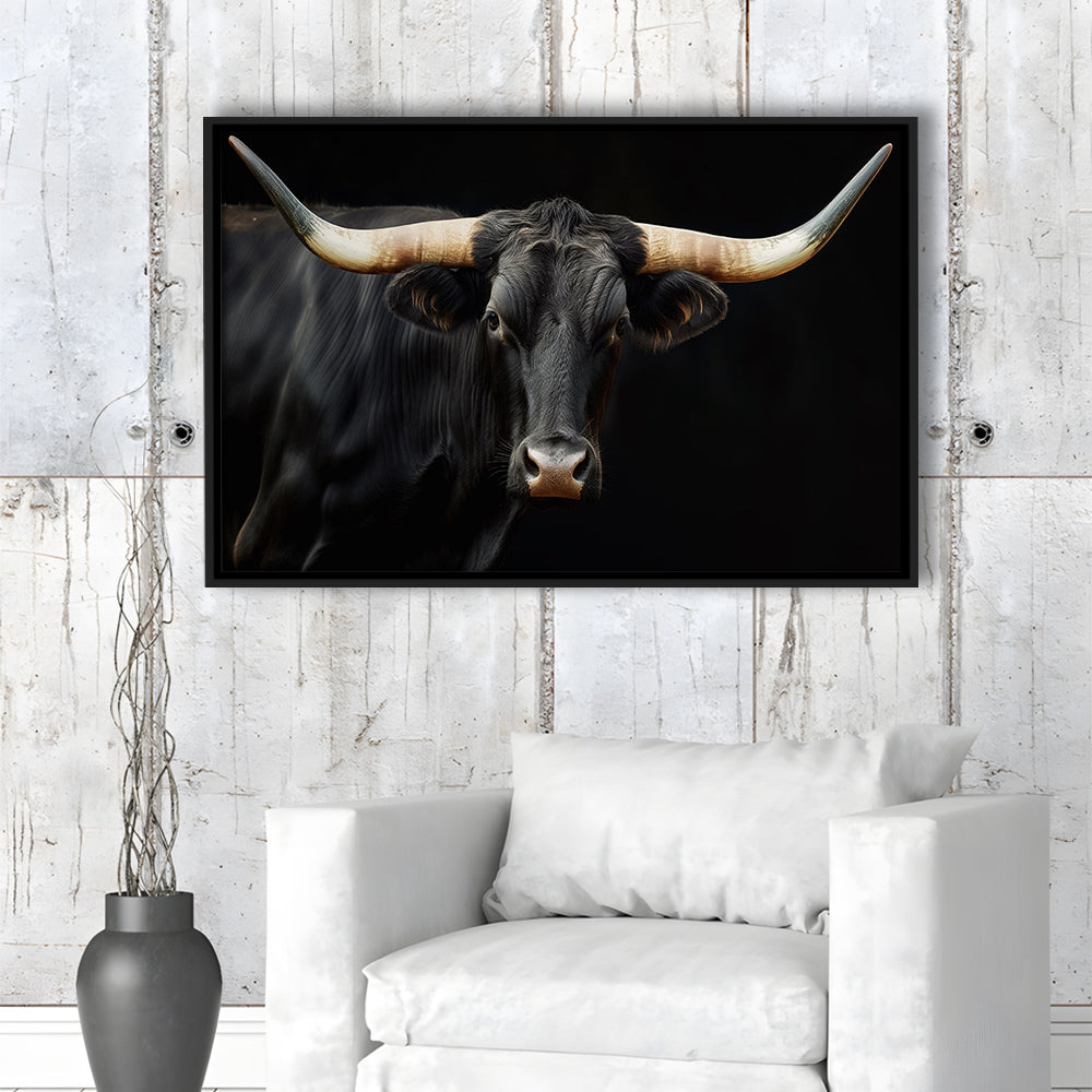 Black Texas Longhorn Cow Extra Large, Farmhouse, Living Room Art, Framed Canvas Print Wall Art, Floating Frame