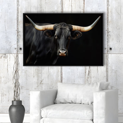 Black Texas Longhorn Cow Extra Large, Farmhouse, Living Room Art, Framed Canvas Print Wall Art, Floating Frame