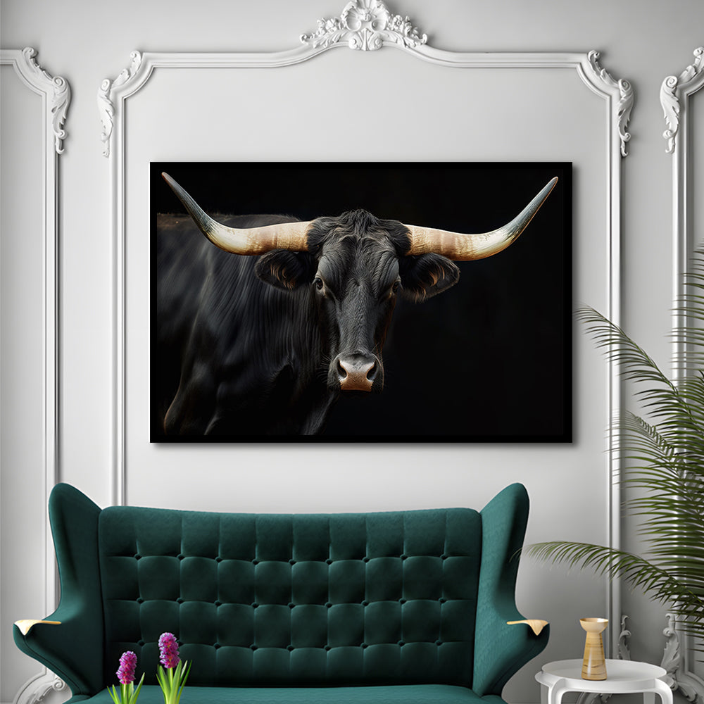 Black Texas Longhorn Cow Extra Large, Farmhouse, Living Room Art, Framed Art Print Wall Decor, Picture Framed