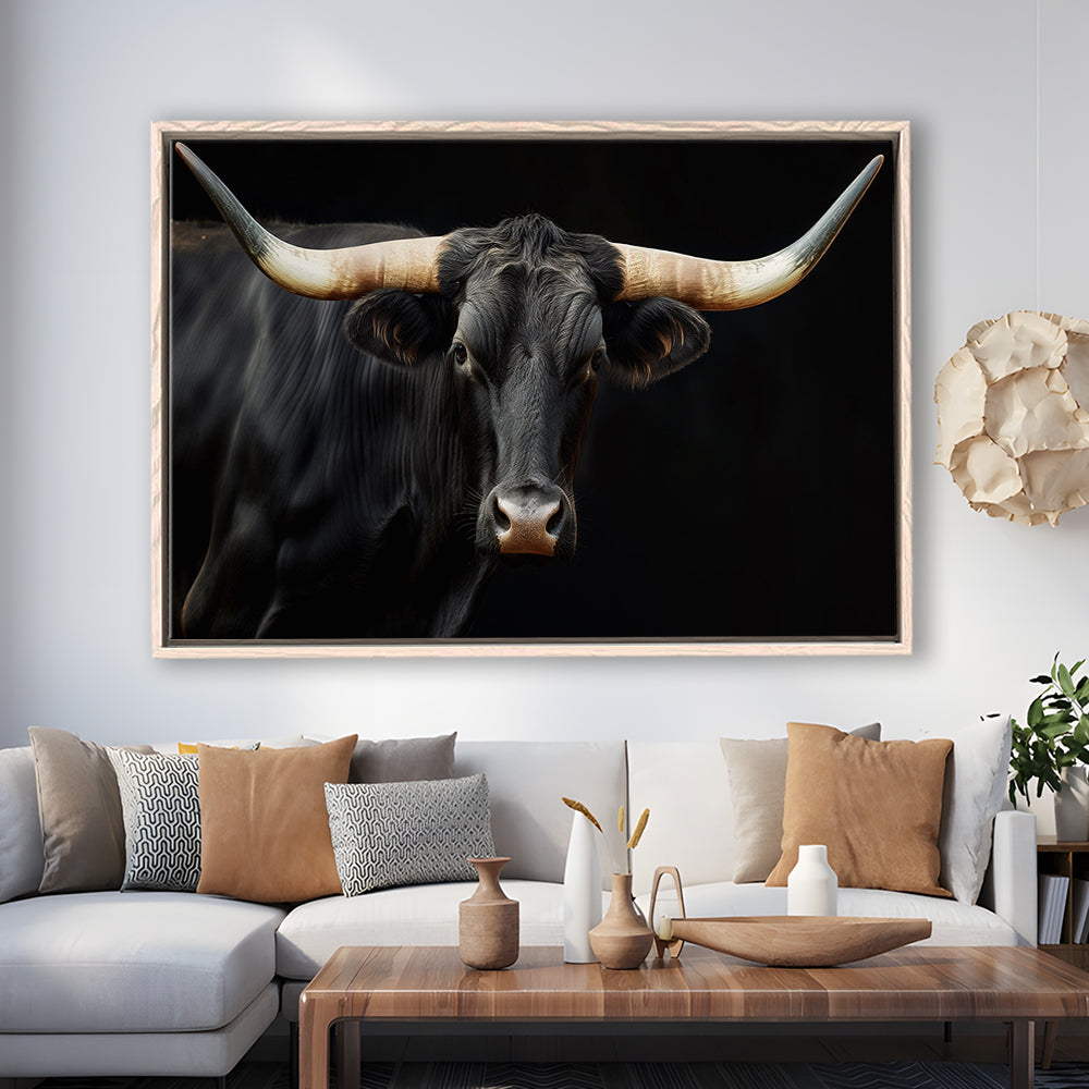 Black Texas Longhorn Cow Extra Large, Farmhouse, Living Room Art, Framed Canvas Print Wall Art, Floating Frame