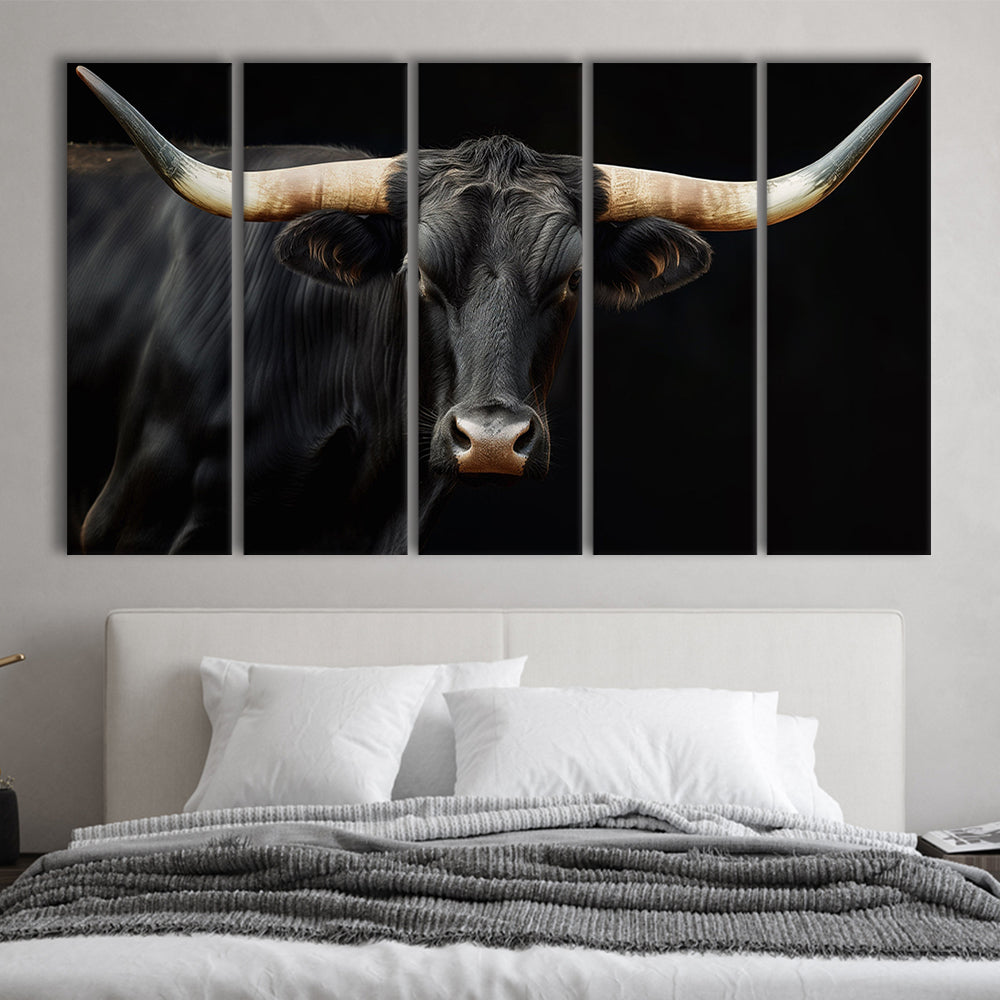 Black Texas Longhorn Cow Extra Large, Farmhouse, Living Room Art, 5 Panel B Canvas Print Wall Art, Extra Large Canvas