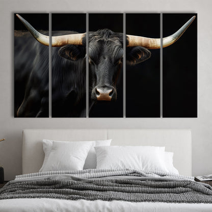 Black Texas Longhorn Cow Extra Large, Farmhouse, Living Room Art, 5 Panel B Canvas Print Wall Art, Extra Large Canvas