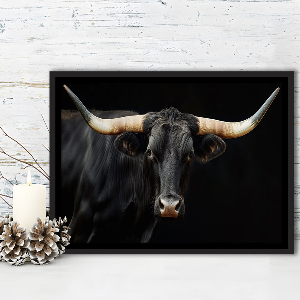 Black Texas Longhorn Cow Extra Large, Farmhouse, Living Room Art, Framed Canvas Print Wall Art, Floating Frame