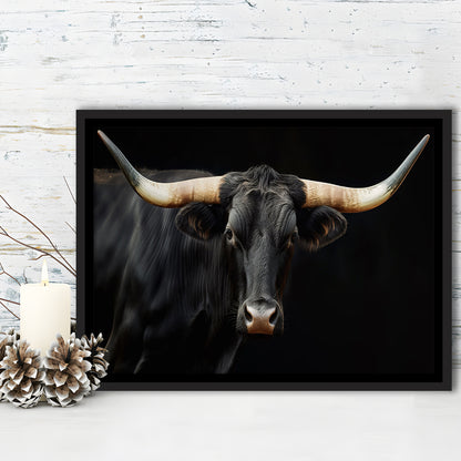 Black Texas Longhorn Cow Extra Large, Farmhouse, Living Room Art, Framed Canvas Print Wall Art, Floating Frame