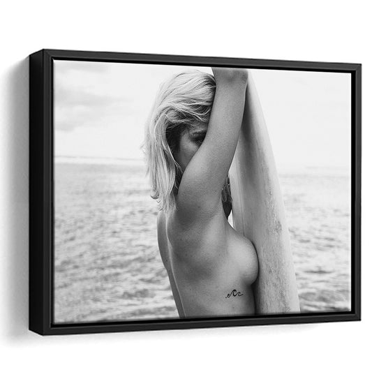 Black and White Surf, Vintage Beach Wall Art, Surfer Print, Maximalist Decor, Floating Framed Canvas Print