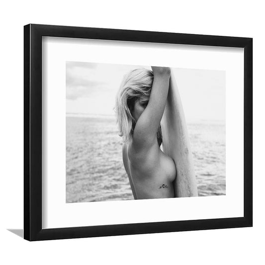 Black and White Surf, Vintage Beach Wall Art, Surfer Print, Maximalist Decor, Framed Art Print White Border Wall Decor