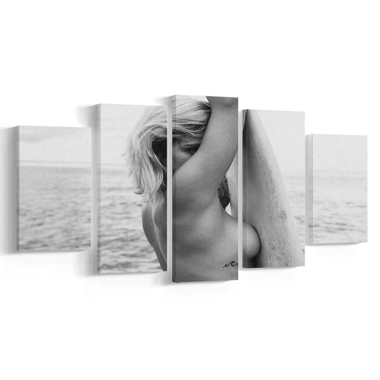 Black and White Surf, Vintage Beach Wall Art, Surfer Print, Maximalist Decor, Mixed 5 Pieces Canvas Print