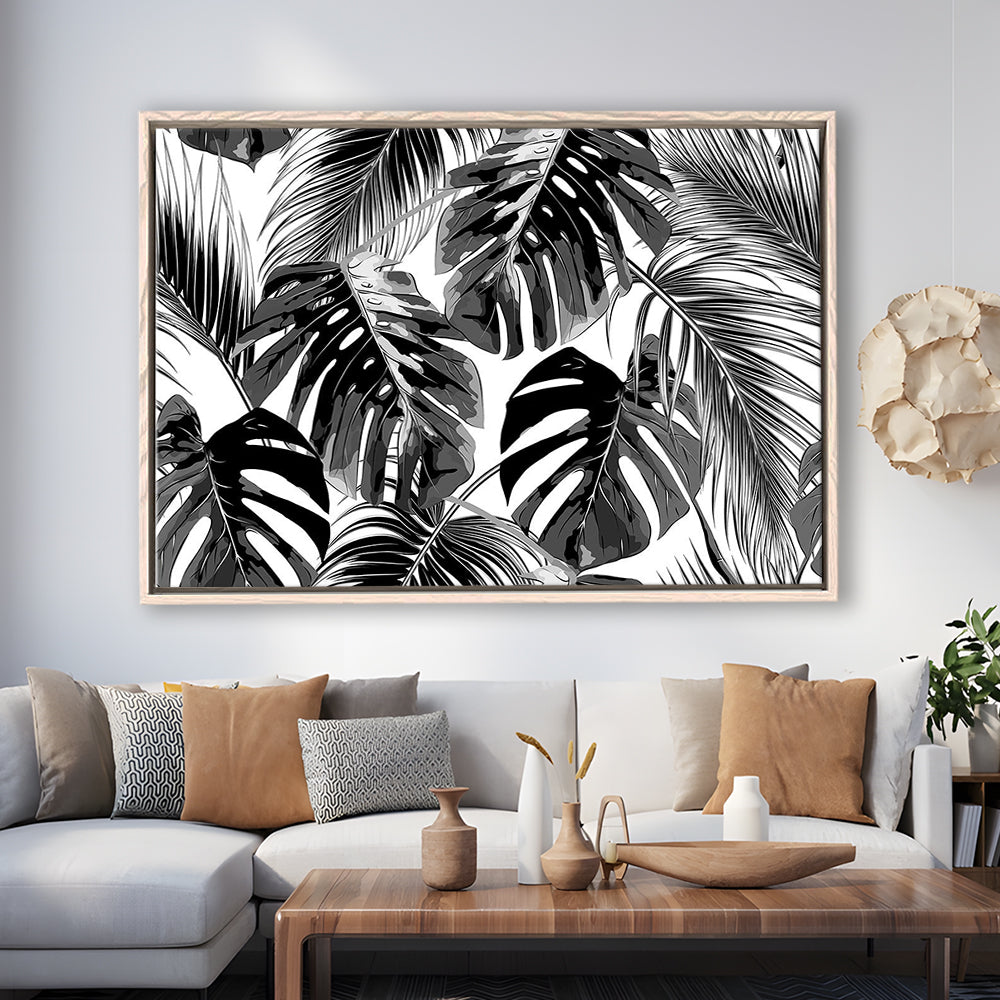 Black And White Tropical Palm Leaves Wall Art, Palm Leaf Wall Art, Framed Cavas Print, Floating Frame