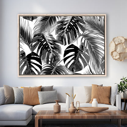 Black And White Tropical Palm Leaves Wall Art, Palm Leaf Wall Art, Framed Cavas Print, Floating Frame
