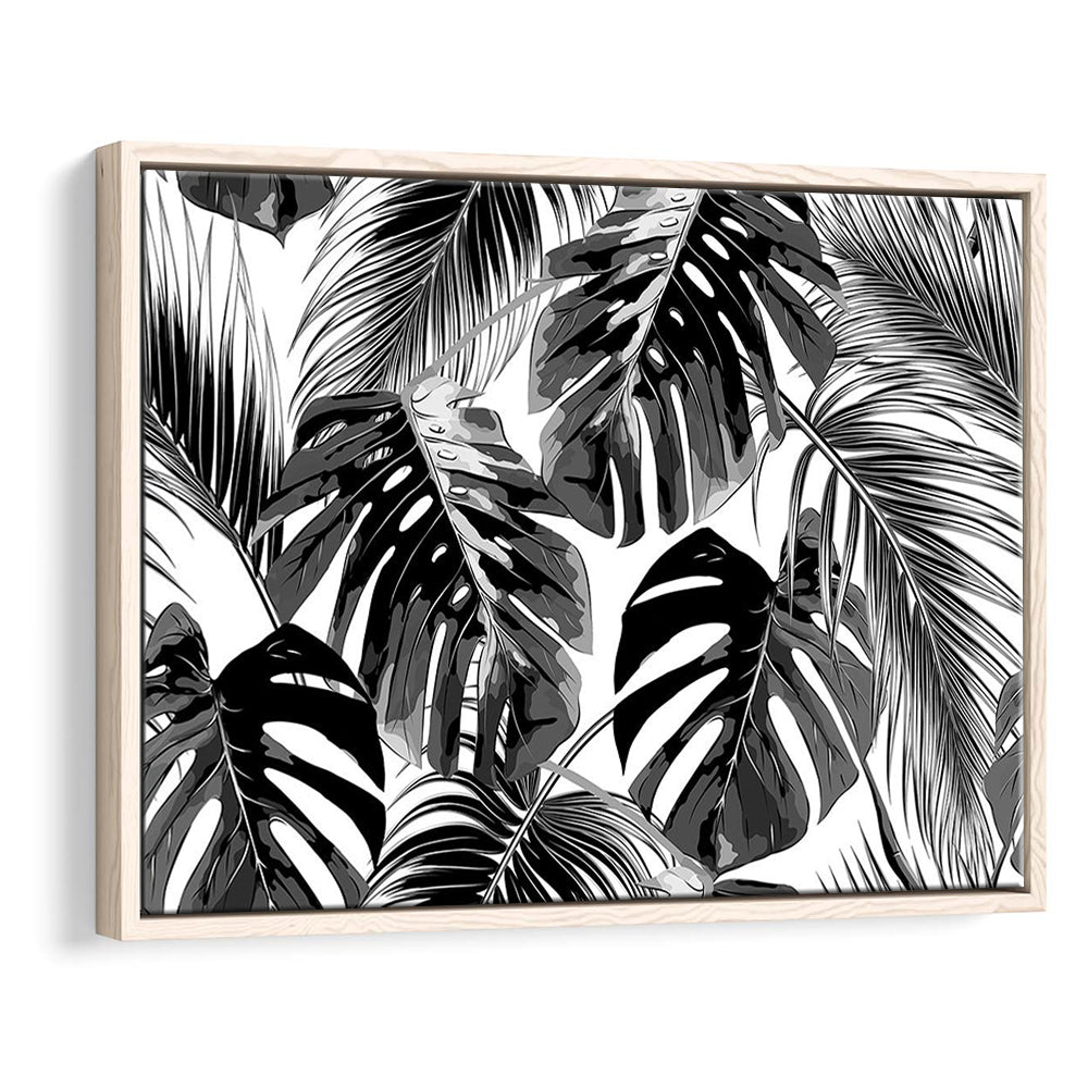 Black And White Tropical Palm Leaves Wall Art, Palm Leaf Wall Art, Framed Cavas Print, Floating Frame