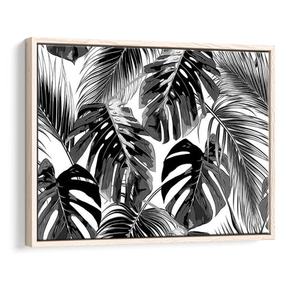 Black And White Tropical Palm Leaves Wall Art, Palm Leaf Wall Art, Framed Cavas Print, Floating Frame