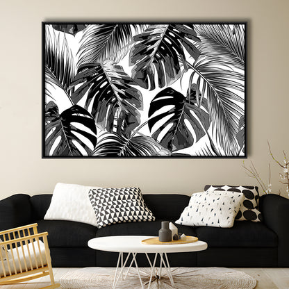 Black And White Tropical Palm Leaves Wall Art, Palm Leaf Wall Art, Framed Cavas Print, Floating Frame