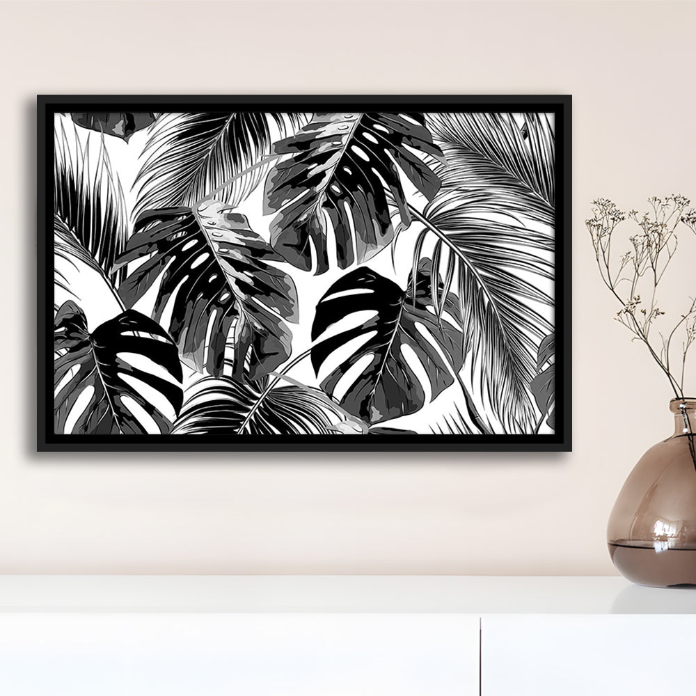 Black And White Tropical Palm Leaves Wall Art, Palm Leaf Wall Art, Framed Cavas Print, Floating Frame