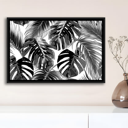Black And White Tropical Palm Leaves Wall Art, Palm Leaf Wall Art, Framed Cavas Print, Floating Frame