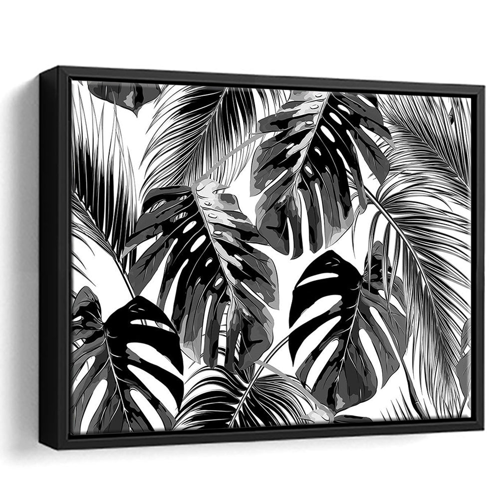 Black And White Tropical Palm Leaves Wall Art, Palm Leaf Wall Art, Framed Cavas Print, Floating Frame