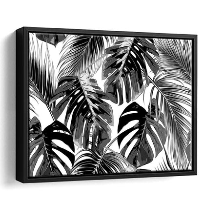 Black And White Tropical Palm Leaves Wall Art, Palm Leaf Wall Art, Framed Cavas Print, Floating Frame