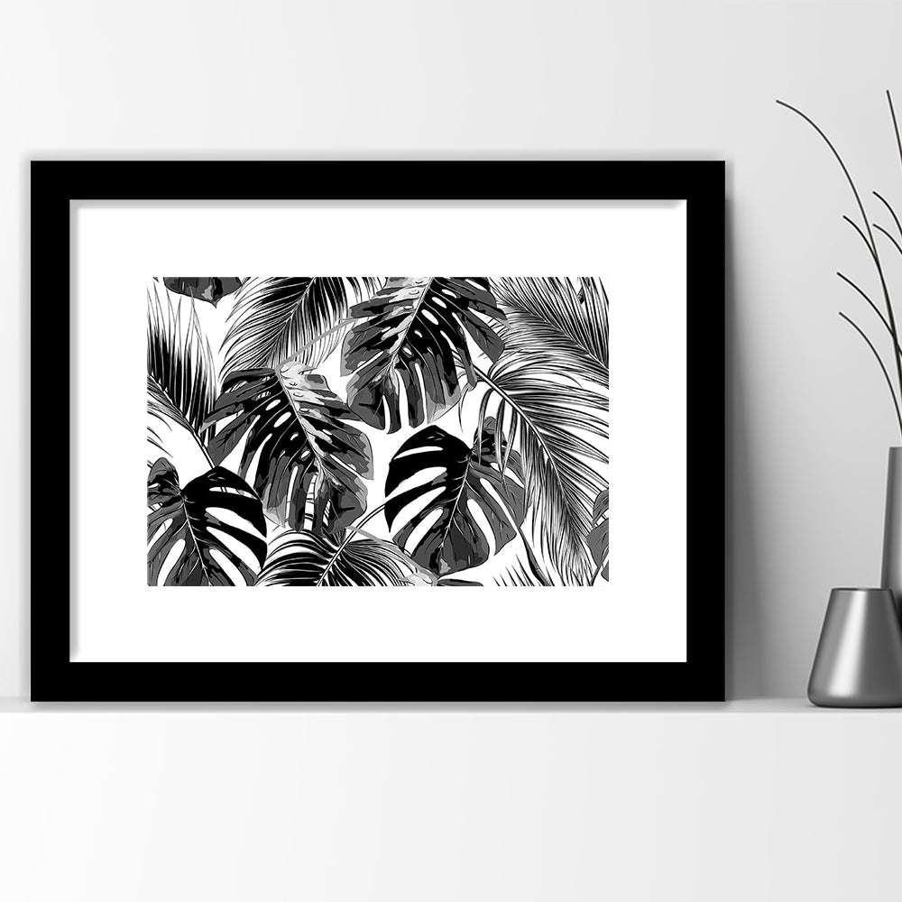 Black And White Tropical Palm Leaves Wall Art, Palm Leaf Wall Art, Framed Art Print White Border
