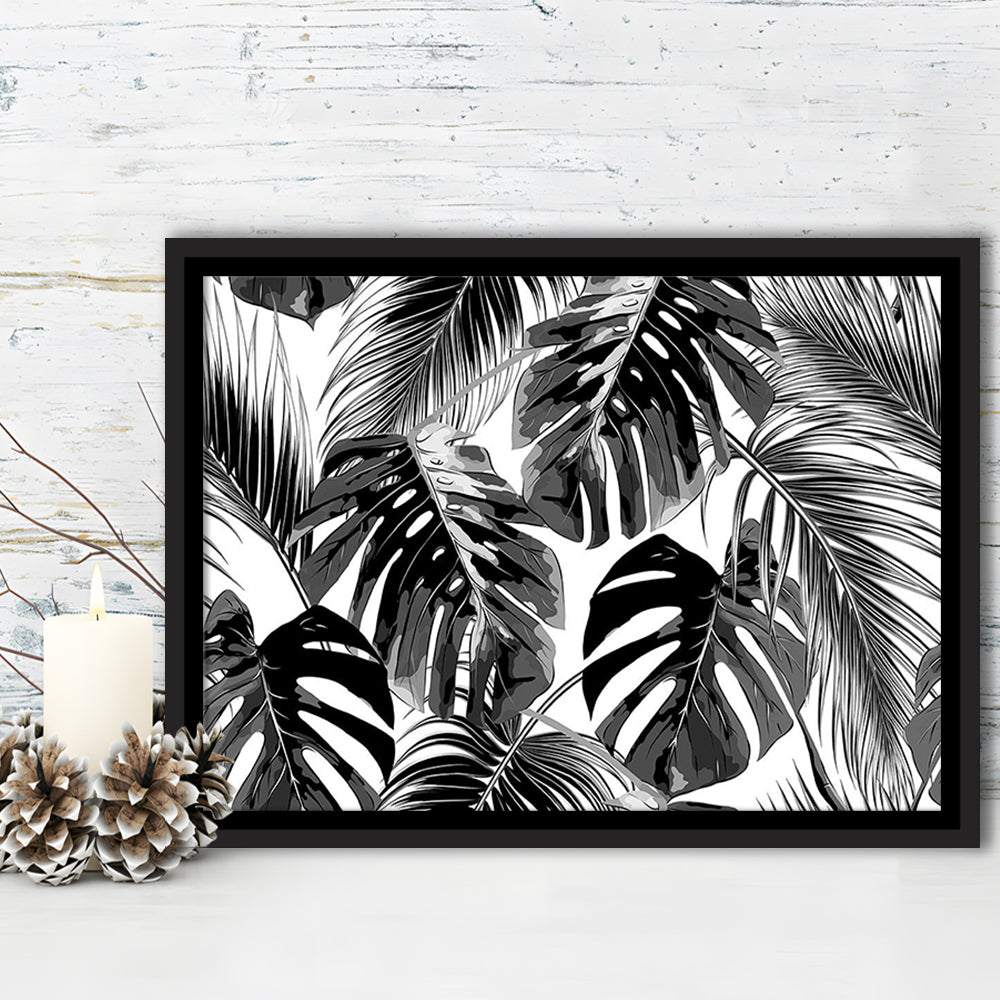 Black And White Tropical Palm Leaves Wall Art, Palm Leaf Wall Art, Framed Cavas Print, Floating Frame