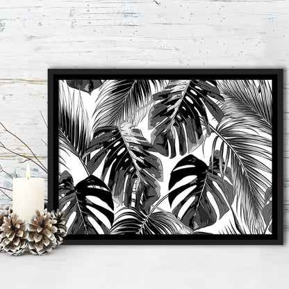 Black And White Tropical Palm Leaves Wall Art, Palm Leaf Wall Art, Framed Cavas Print, Floating Frame