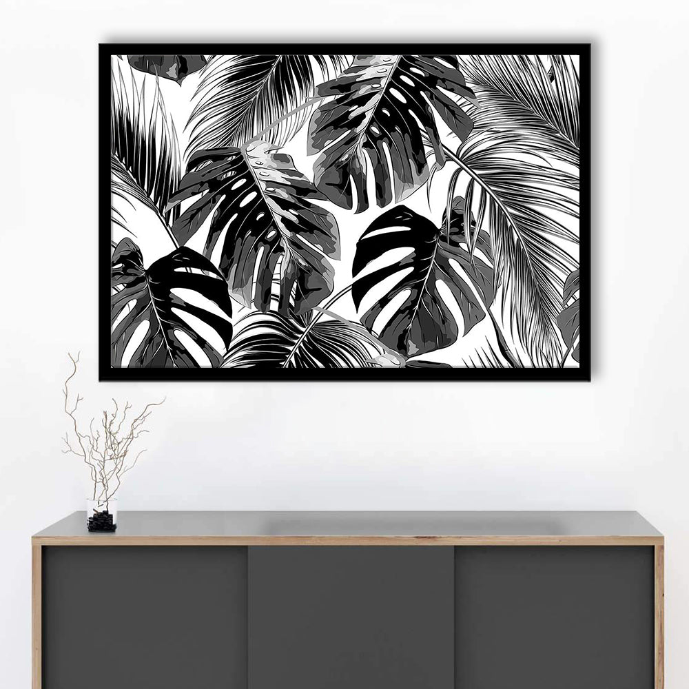 Black And White Tropical Palm Leaves Wall Art, Palm Leaf Wall Art, Framed Art Print, Picture Framed
