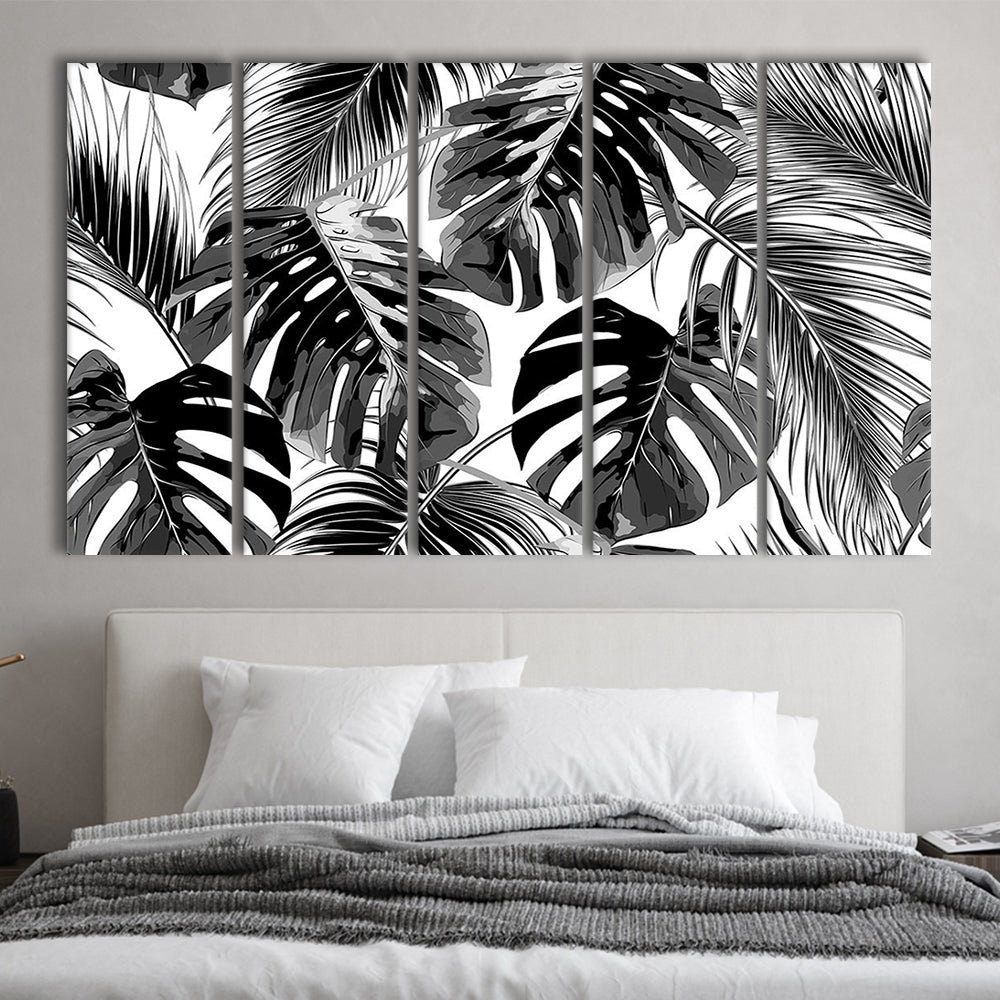 Black and White Tropical Palm Leaves Wall Art, Palm Leaf Wall Art, 5 Piece B Extra Large Cavas Print Wall Art Decor