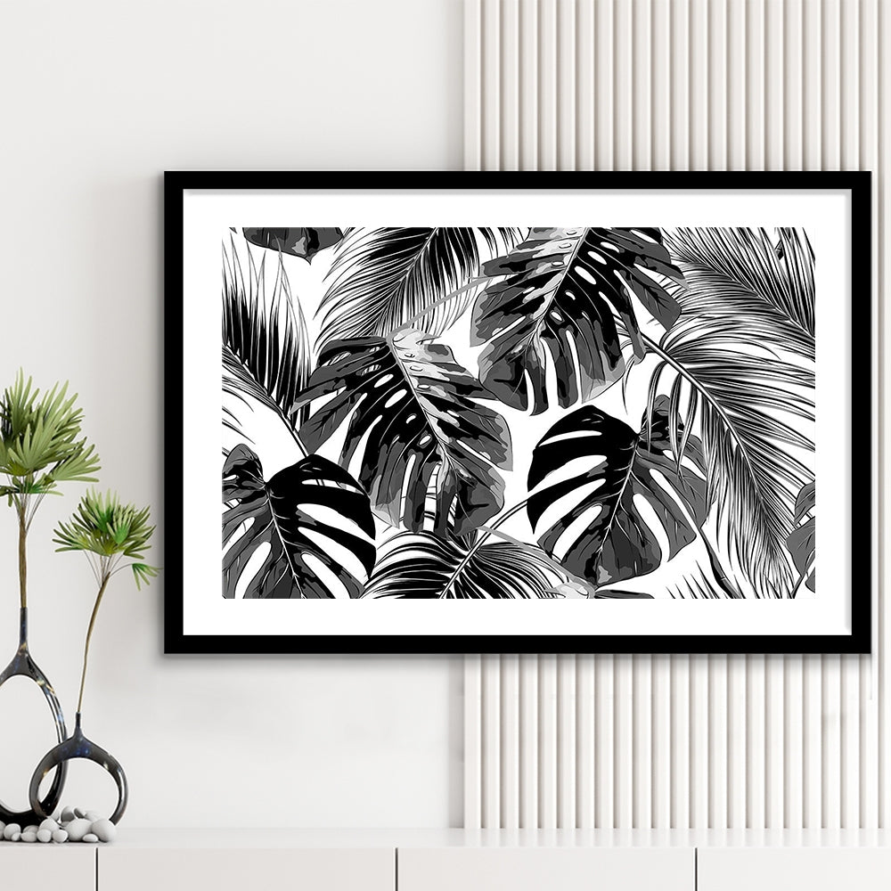 Black And White Tropical Palm Leaves Wall Art, Palm Leaf Wall Art, Framed Art Print White Border