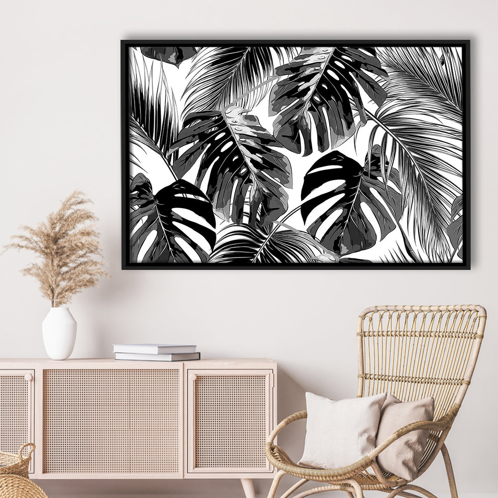 Black And White Tropical Palm Leaves Wall Art, Palm Leaf Wall Art, Framed Cavas Print, Floating Frame