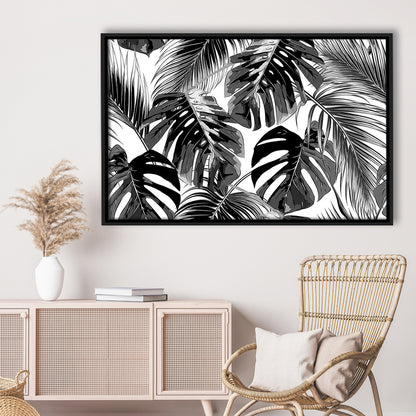 Black And White Tropical Palm Leaves Wall Art, Palm Leaf Wall Art, Framed Cavas Print, Floating Frame