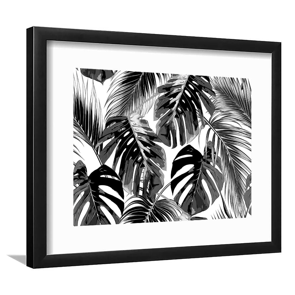 Black And White Tropical Palm Leaves Wall Art, Palm Leaf Wall Art, Framed Art Print White Border