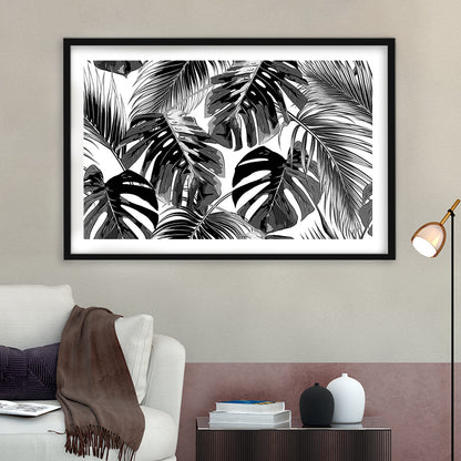 Black And White Tropical Palm Leaves Wall Art, Palm Leaf Wall Art, Framed Art Print White Border