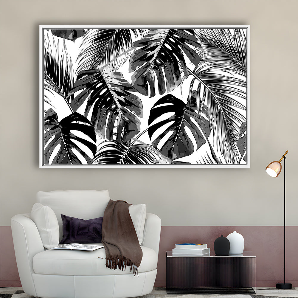 Black And White Tropical Palm Leaves Wall Art, Palm Leaf Wall Art, Framed Cavas Print, Floating Frame