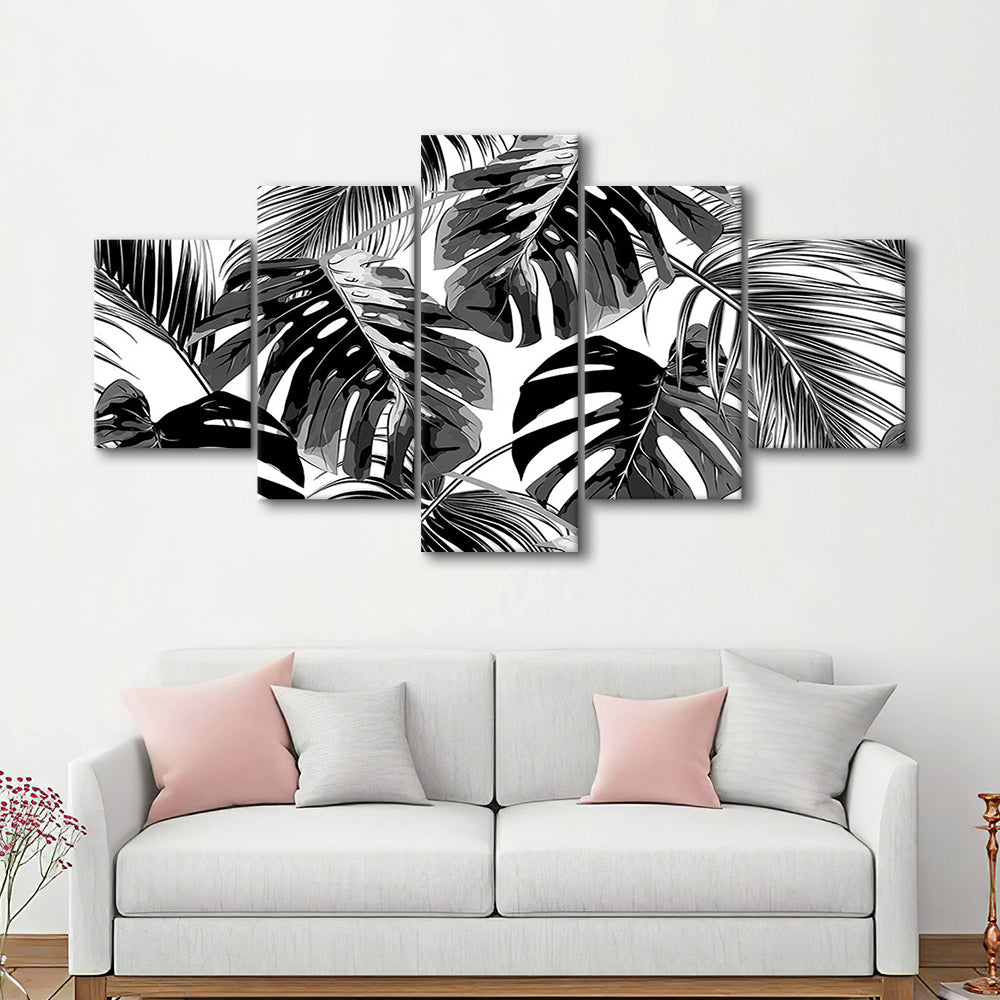 Black and White Tropical Palm Leaves Wall Art, Palm Leaf Wall Art, 5 Piece Large Cavas Print Wall Art